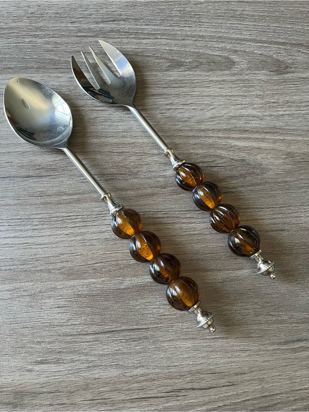 Silver-Tone Spoon and Fork Salad Server Set Amber-Colored Faceted Bead Handles